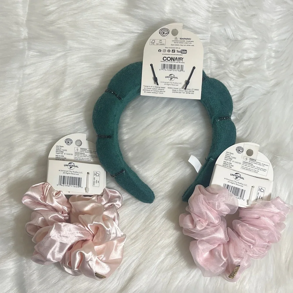 New Scunci Conair Wicked Green Headband Pink Scrunchies Set